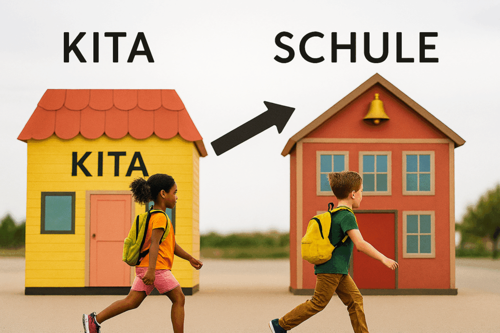 Zwei Kinder mit Rucksäcken gehen vom Kindergarten zur Schule, begleitet von einem Richtungspfeil zwischen den Gebäuden.