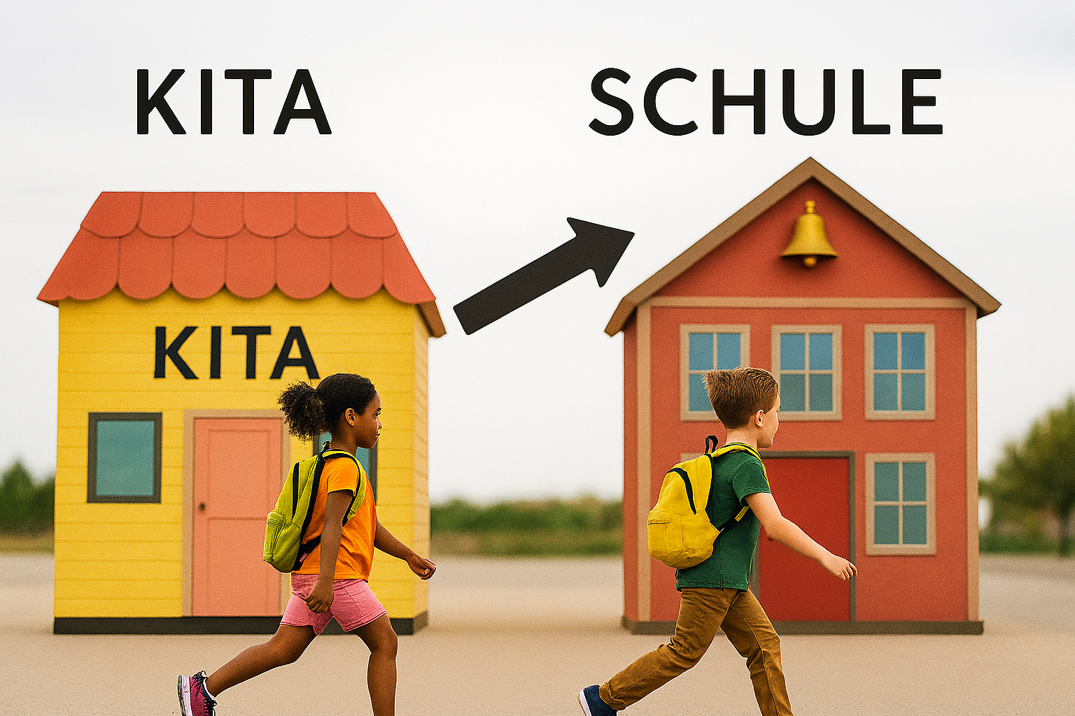 Zwei Kinder mit Rucksäcken gehen vom Kindergarten zur Schule, begleitet von einem Richtungspfeil zwischen den Gebäuden.