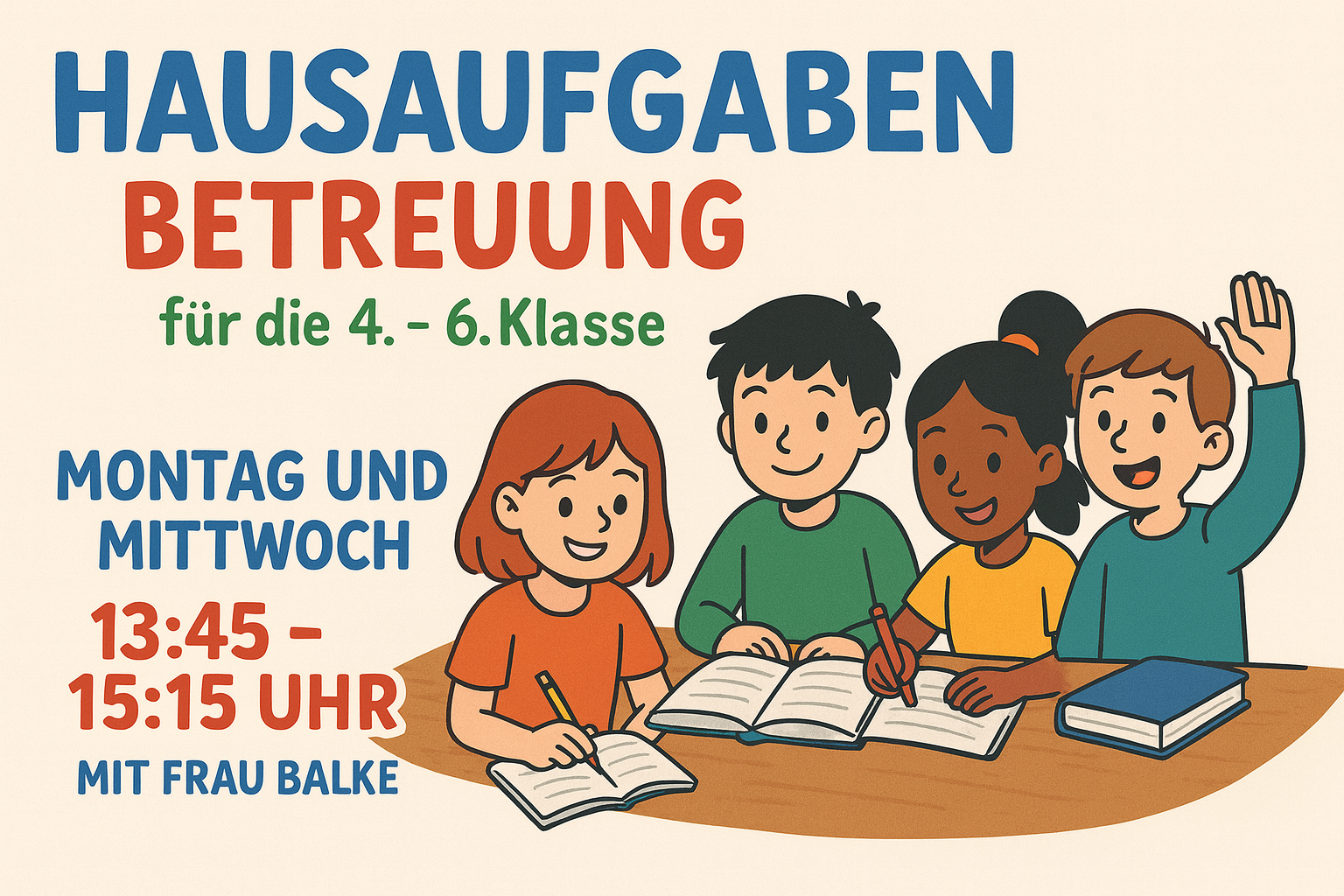 Vier Kinder sitzen an einem Tisch und machen Hausaufgaben: Ein Junge meldet sich, zwei Mädchen schreiben, ein weiterer Junge liest. Darüber steht der Text „Hausaufgabenbetreuung für die 4. bis 6. Klasse“. Links neben dem Bild steht die Information: "Montag und Mittwoch 13.45 Uhr bis 15.15 Uhr mit Frau Balke".