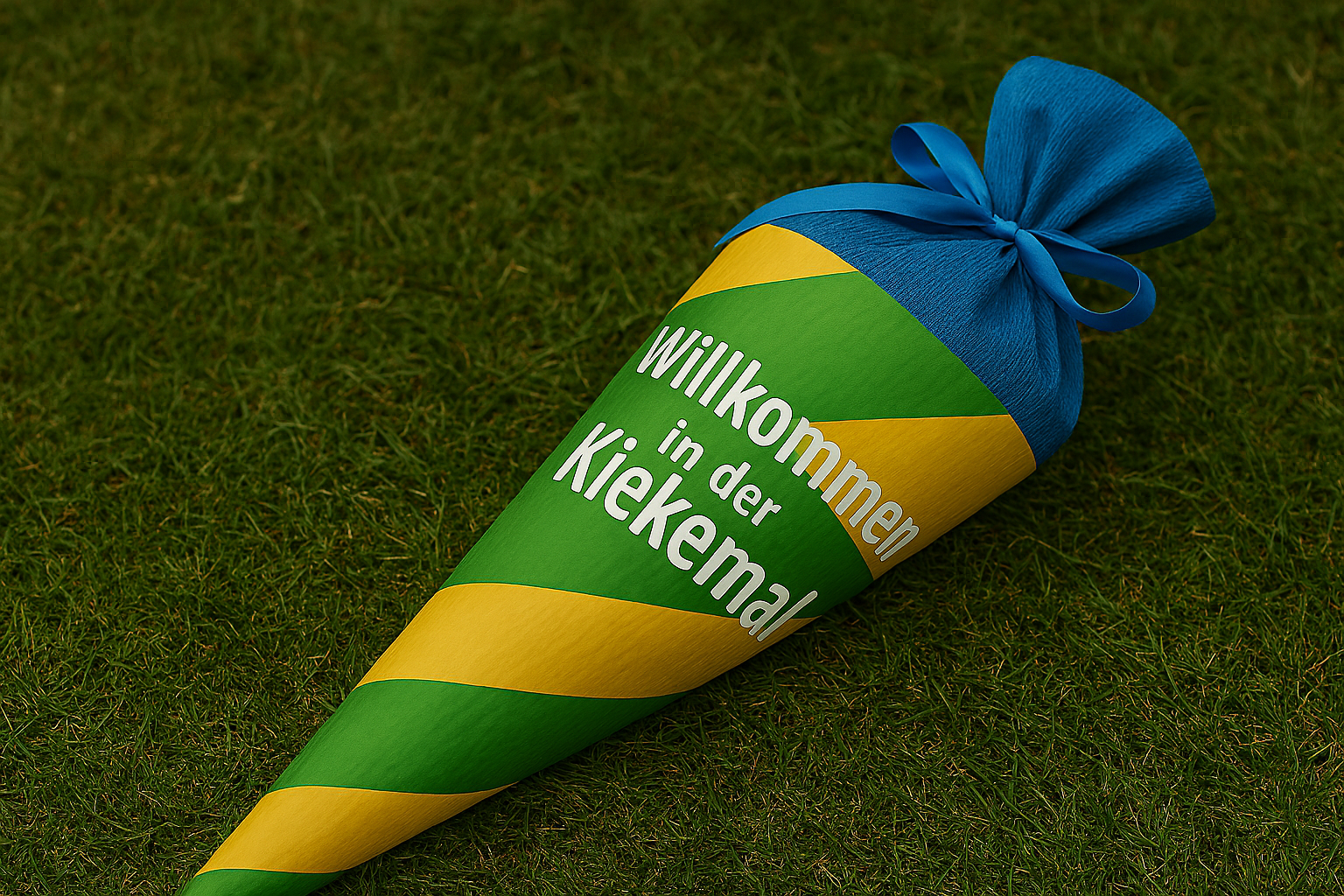 Fotografie einer bunten Zuckertüte mit der Aufschrift ‚Willkommen in der Kiekemal‘, liegend auf grünem Gras – symbolisch für den ersten Schultag.