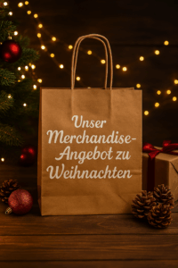 Einkaufstüte mit weihnachtlichem Aufdruck, umgeben von Tannenzweigen, Lichterketten, Geschenken und Weihnachtsdekoration.