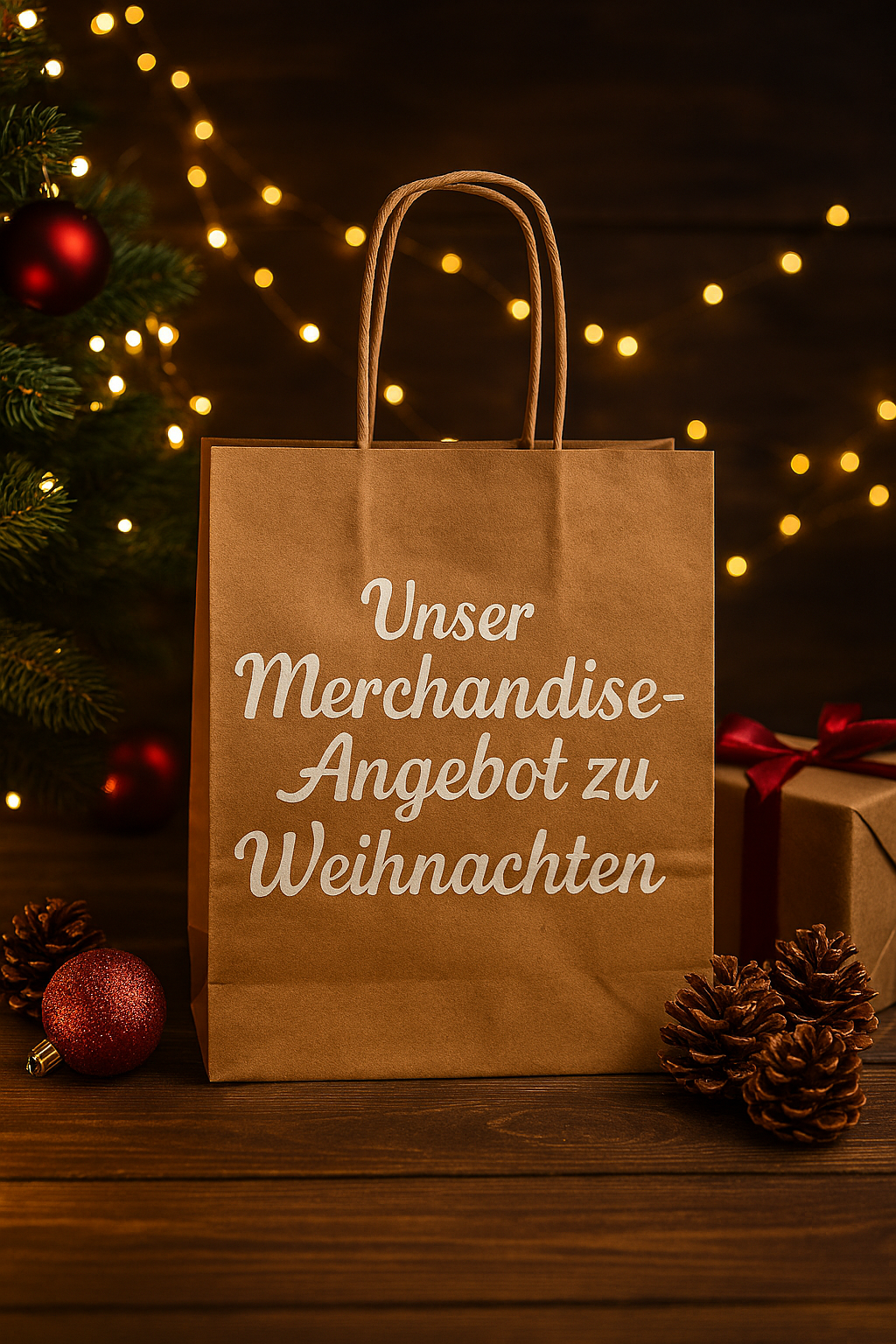Einkaufstüte mit weihnachtlichem Aufdruck, umgeben von Tannenzweigen, Lichterketten, Geschenken und Weihnachtsdekoration.