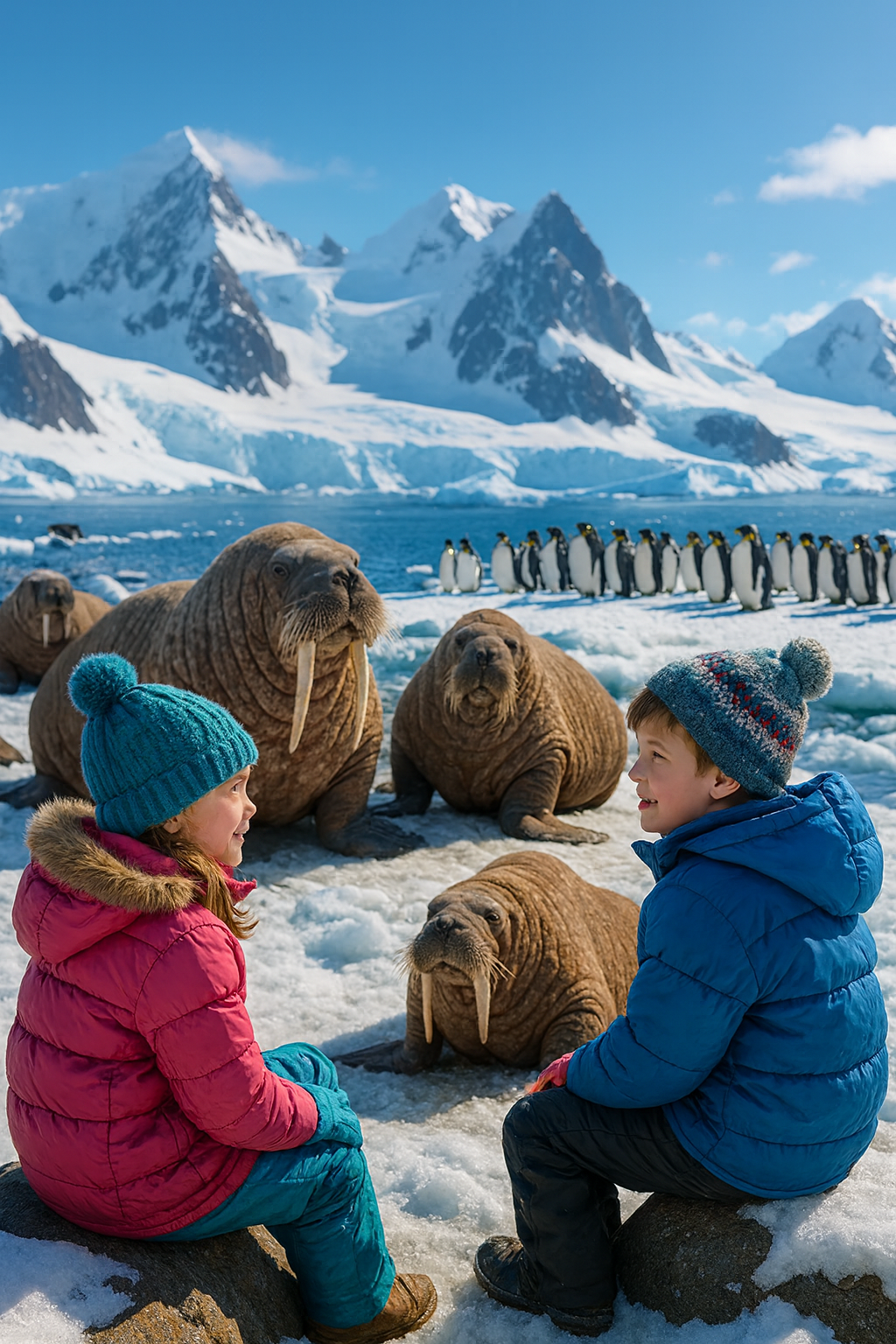 Zwei Kinder in bunter Winterkleidung sitzen auf einer eisigen Küste in der Antarktis und beobachten Walrösser und eine Gruppe Kaiser-Pinguine vor schneebedeckten Bergen.