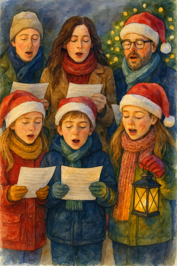 KI-generiertes Bild mit Eltern und Kindern beim Singen von Weihnachtsliedern