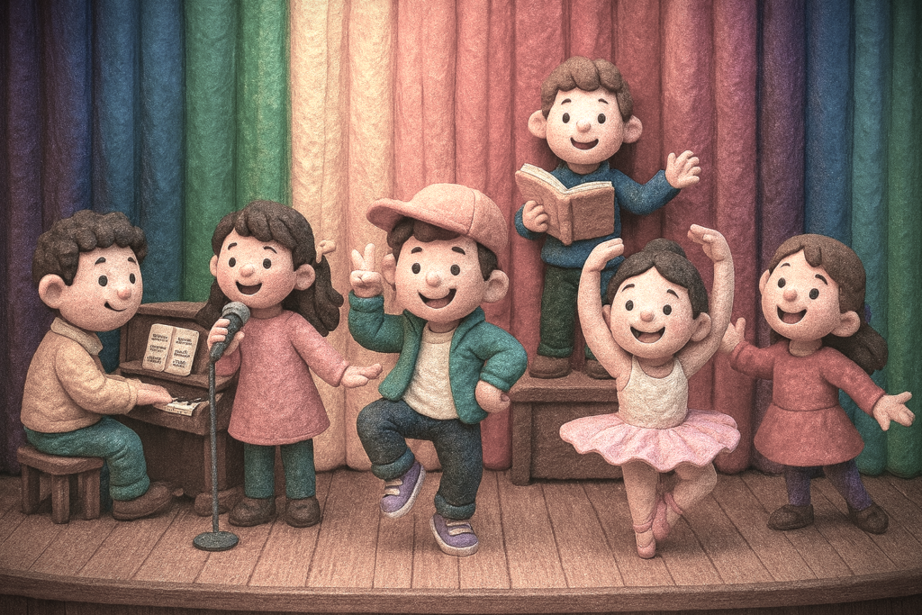 Kinder auf einer Bühne präsentieren ihre Talente – Klavierspiel, Gesang, Hip-Hop-Tanz, Ballett, Theater und Poesie – vor einem bunten Regenbogen-Vorhang im Stil eines 3-D-Stop-Motionfilms, farbreduziert