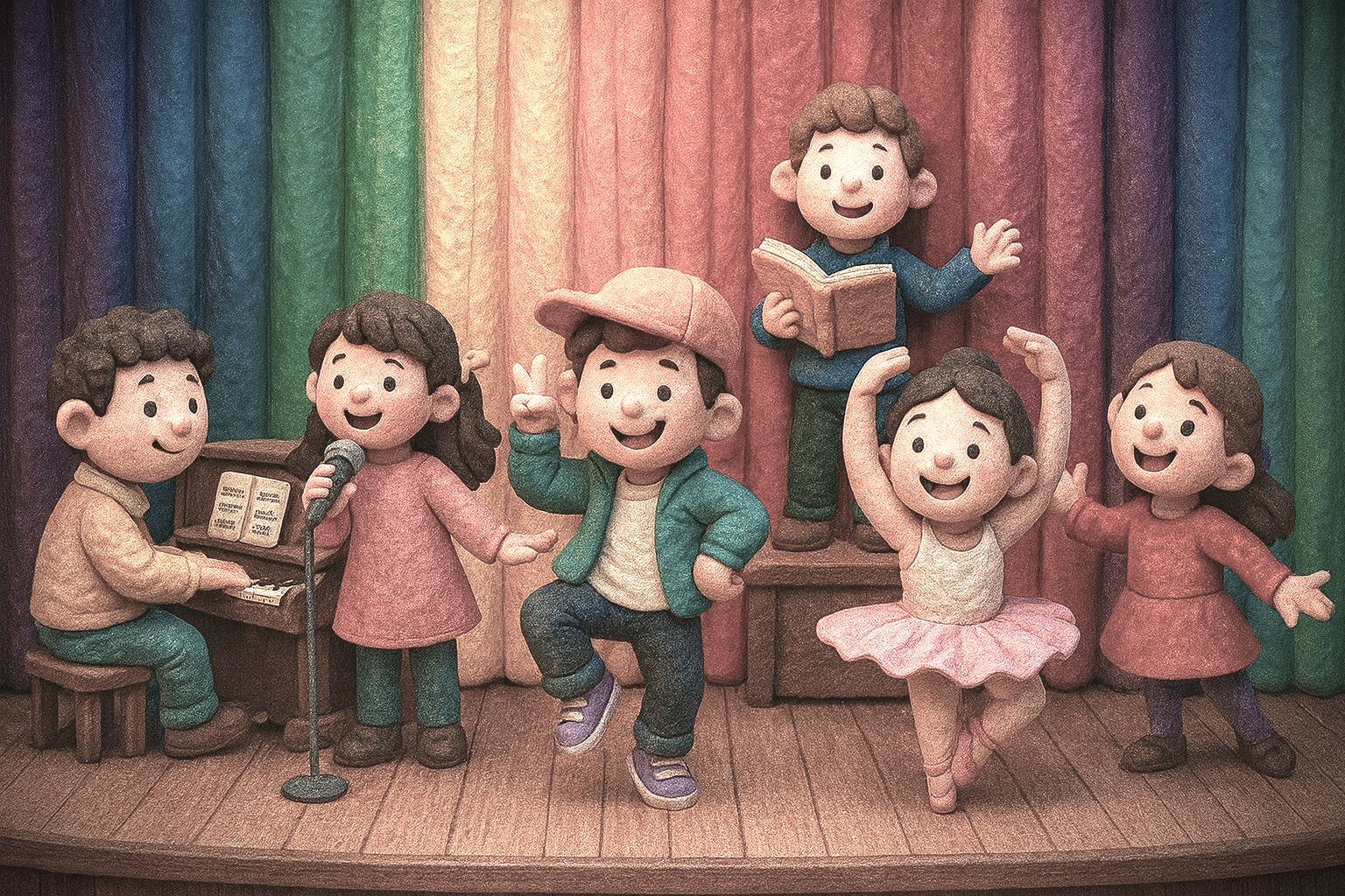 Kinder auf einer Bühne präsentieren ihre Talente – Klavierspiel, Gesang, Hip-Hop-Tanz, Ballett, Theater und Poesie – vor einem bunten Regenbogen-Vorhang im Stil eines 3-D-Stop-Motionfilms, farbreduziert