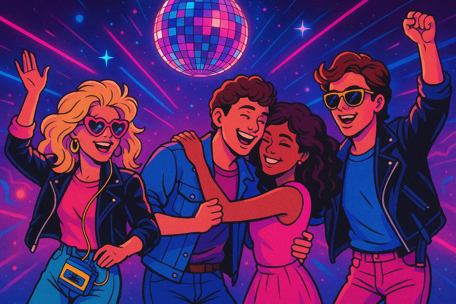 KI generierte Illustration feiernder junger Leute unter einer Discokugel