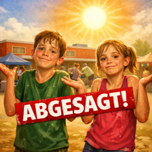 KI-generiertes Bild: Zwei verschwitzte Kinder stehen vor einer roten Schule mit Flachdach in der Sonne. Sie heben Schultern und Arme, als wollten sie sagen: „Tja, es geht nicht anders.“ Im Hintergrund packen Menschen die Sommerfest‑Stände zusammen. Quer über den Kindern steht in großen Buchstaben „ABGESAGT“.