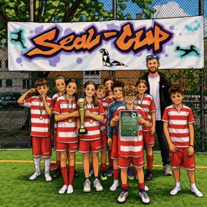 Das KI-generierte Bild zeigt die gemischte Kinder-Fußballmannschaft beim Seal-Cup 2026 auf einem Sportplatz, stolz mit Pokal, Urkunde und Medaillen.
