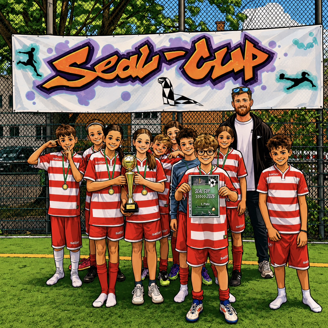 Das KI-generierte Bild zeigt die gemischte Kinder-Fußballmannschaft beim Seal-Cup 2026 auf einem Sportplatz, stolz mit Pokal, Urkunde und Medaillen.