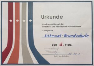 Urkunde mit Platz 2 Schwimmwettkampf der Marzahner und Hellersdorfer Grundschulen 2026