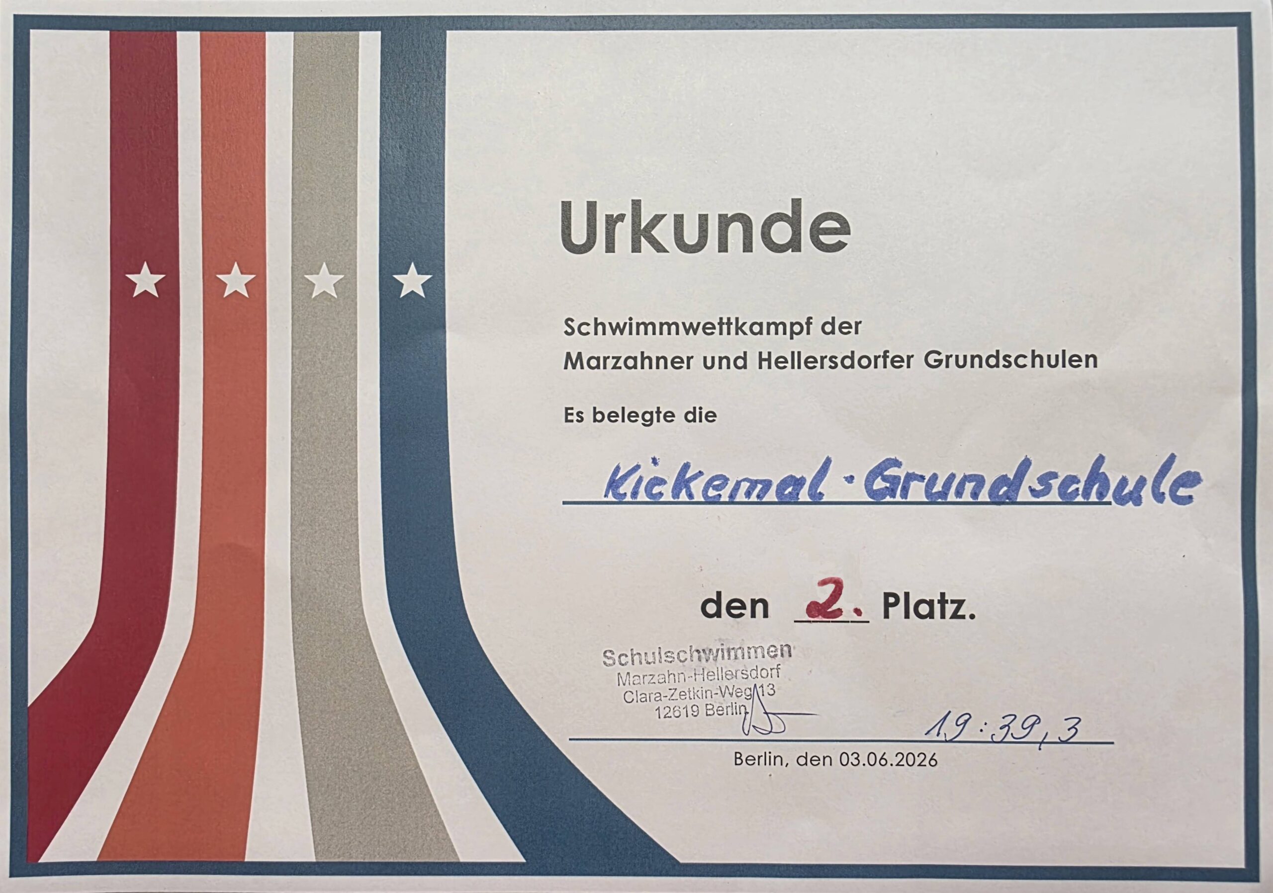 Urkunde mit Platz 2 Schwimmwettkampf der Marzahner und Hellersdorfer Grundschulen 2026
