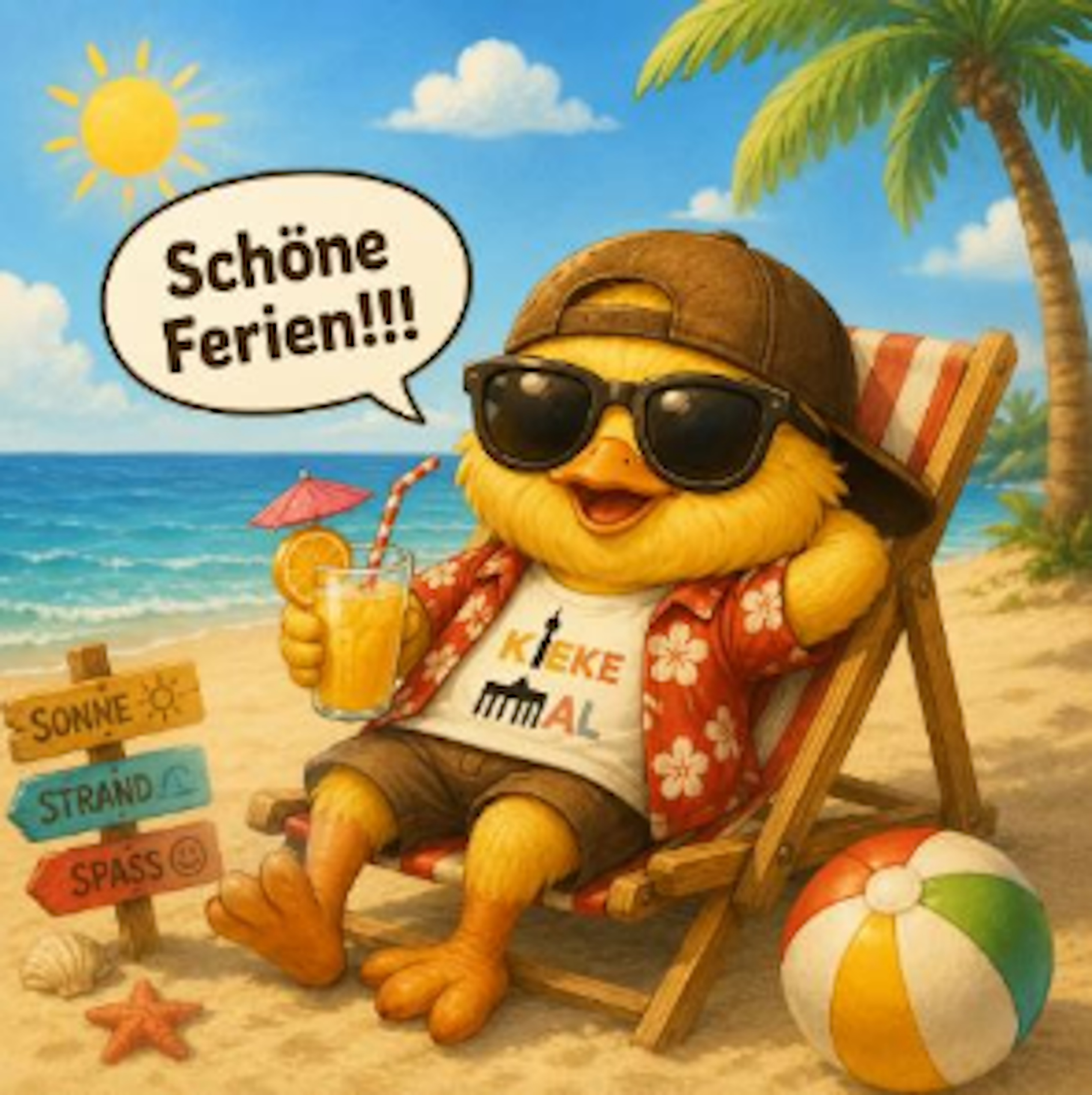 Gelbes Küken mit Sonnenbrille und rotem Hawaiihemd sitzt entspannt auf einem Strandstuhl unter der Sonne.