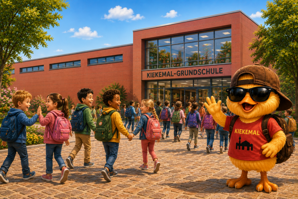 Lachende Kinder begrüßen sich vor der Kiekemal-Grundschule, während ein fröhliches Küken mit Sonnenbrille winkt