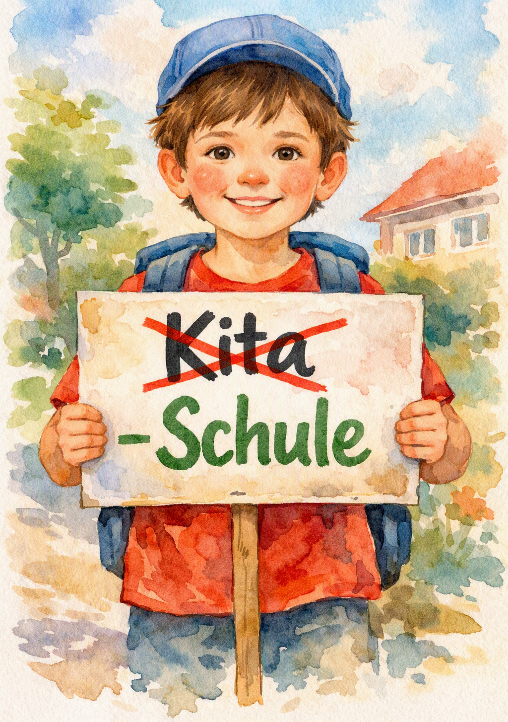 KI-generiertes Bild: Ein lächelndes Kind mit rotem T‑Shirt und blauem Rucksack hält ein Schild, auf dem „Kita“ durchgestrichen und darunter „– Schule“ steht. Im Hintergrund sind eine Schule mit rotem Dach, ein Baum und blauer Himmel in Aquarellfarben zu sehen.