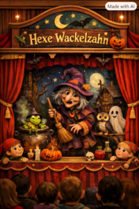 Fiktives Bild zum Märchentruck: Puppentheaterbühne „Hexe Wackelzahn“ mit rotem Vorhang, Hexenpuppe, Frosch, Eule und Geist vor märchenhafter Kulisse.