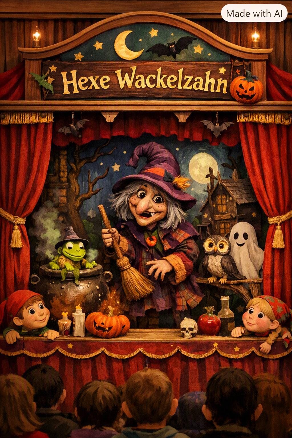 Fiktives Bild zum Märchentruck: Puppentheaterbühne „Hexe Wackelzahn“ mit rotem Vorhang, Hexenpuppe, Frosch, Eule und Geist vor märchenhafter Kulisse.