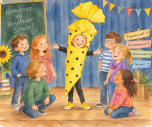 KI-generiertes Bild mit einer Kindergruppe mit einem Kind in einem gelben Schultütenkostüm bei einer fröhlichen Schulfeier, dargestellt als Aquarellbild.