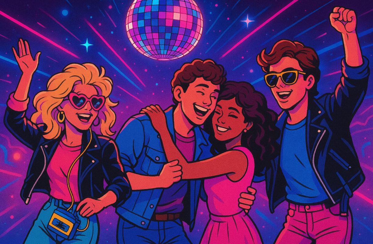 KI generierte Illustration feiernder junger Leute unter einer Discokugel