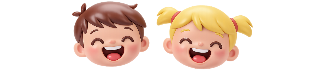 Zwei fröhliche, cartoonartige Kinderköpfe schweben vor hellem Hintergrund; ein Junge mit braunen Haaren und ein Mädchen mit blonden Zöpfen lachen mit geschlossenen Augen.