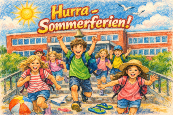 Kinder stürmen lachend aus einer roten Schule ins Freie. Darüber steht in bunter Buntstiftschrift „Hurra – Sommerferien!“.