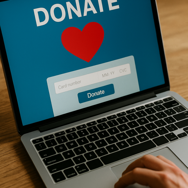 Laptop mit geöffneter Spendenseite, auf der ein „Donate“-Button mit rotem Herz und ein Online-Bezahlformular zu sehen sind, während eine Hand über der Tastatur schwebt.